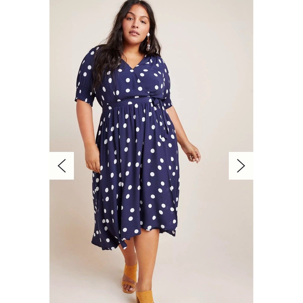 Maeve Anthropologie Womens 18W Wrap Dress Navy Polka Dot Ruffle Tie Waist